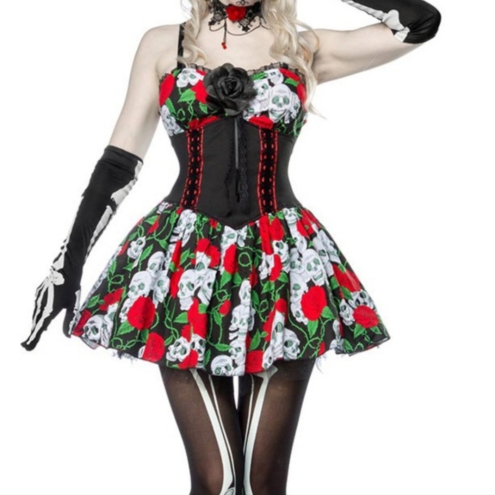 Hot Topic Lip Service Day Of The Dead Skull Mini Dress / Halloween Costume Small